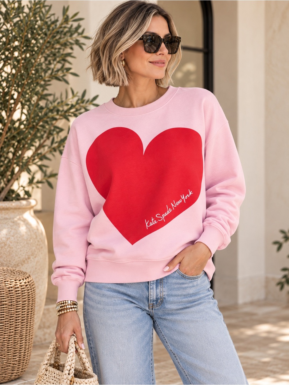 Kate Spade New York Heart Graphic Pink Red Sweatshirt Pullover NWT preppy